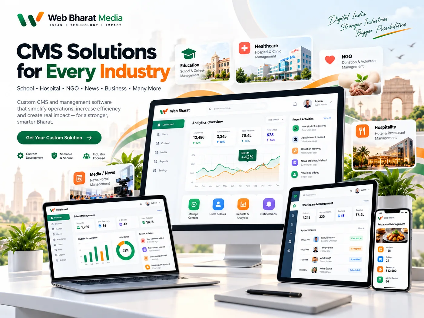 Web Bharat Media CMS solutions showcase for education, healthcare, NGO, media and hospitality