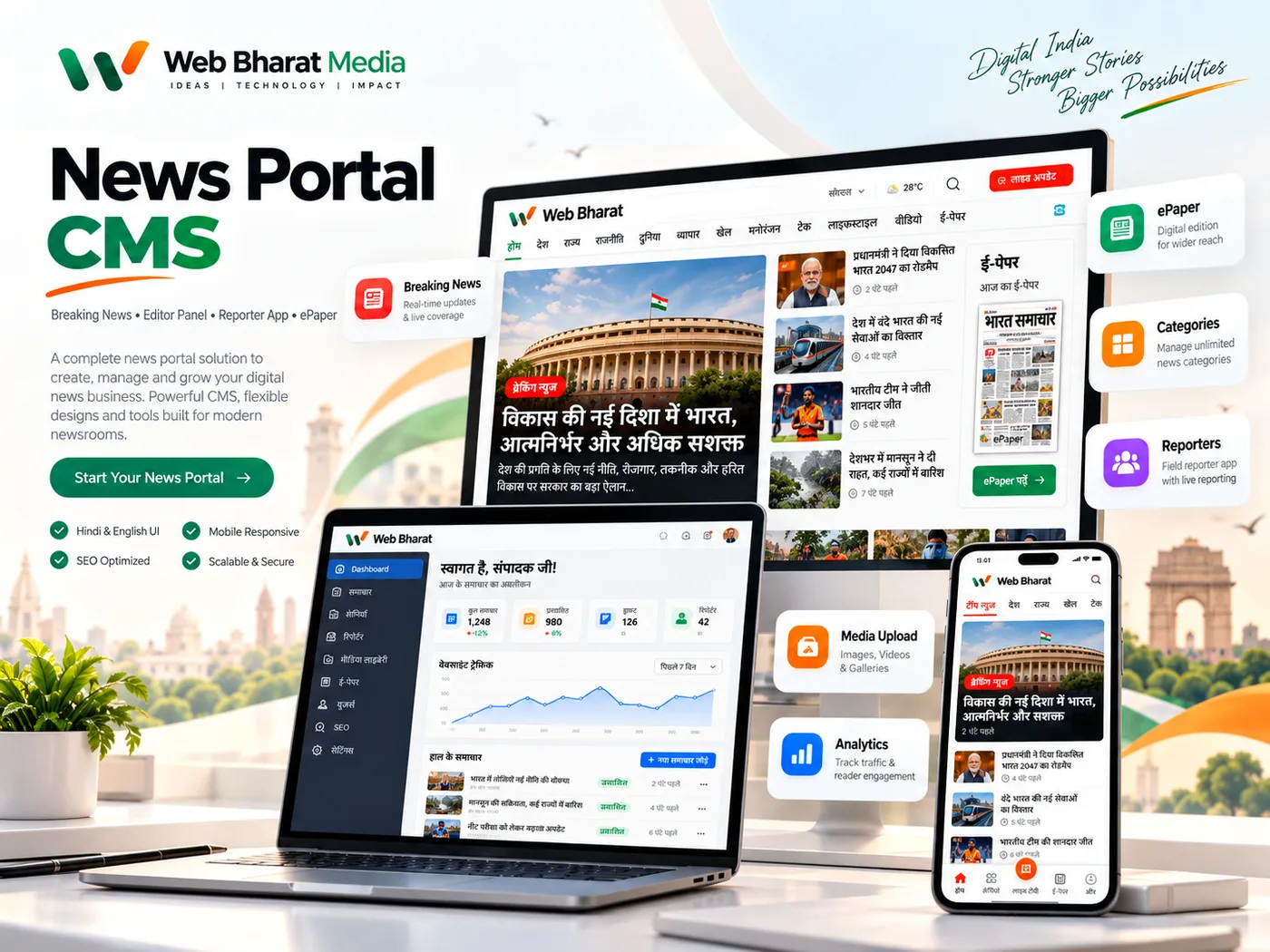 News portal CMS, editor dashboard, ePaper and mobile news app concept